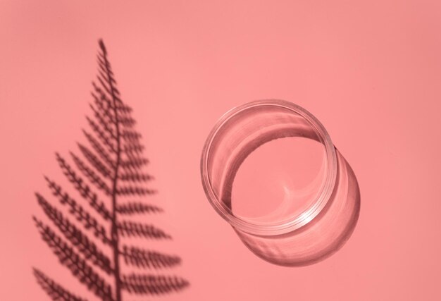 Empty laboratory glass petri for serum oil beauty products on pink background natural medicine