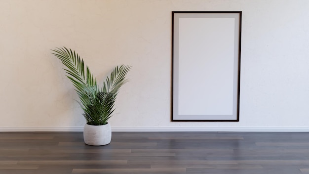 Empty large poster frame in a beige room with grey stucco wall dark wood floor and a green plant