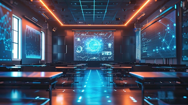 Empty lecture hall with futuristic holographic displays