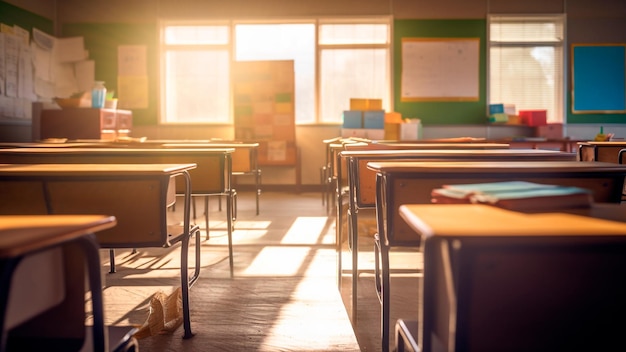 Empty lecture room within a school illuminated by sunlight Generative AI