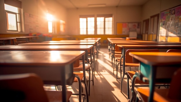 Empty lecture room within a school illuminated by sunlight Generative AI