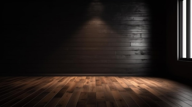 Empty light dark wall with beautiful chiaroscuro and wooden floor Minimalist background for product presentation mock up