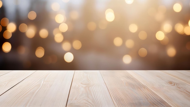 Photo empty light wooden table with golden bokeh lights background