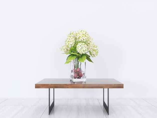 Empty living room interior with white flower on coffee table 3D rendering