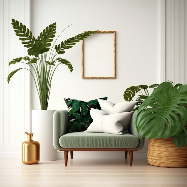 Empty living room wall mockup with green velvet sofa pillow snake plant in basket and leaves in wooden vase on blank white interior background Illustration 3d Generative AI