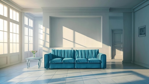 Empty living room with blue sofa plants and table on empty white wall background 3d rendering