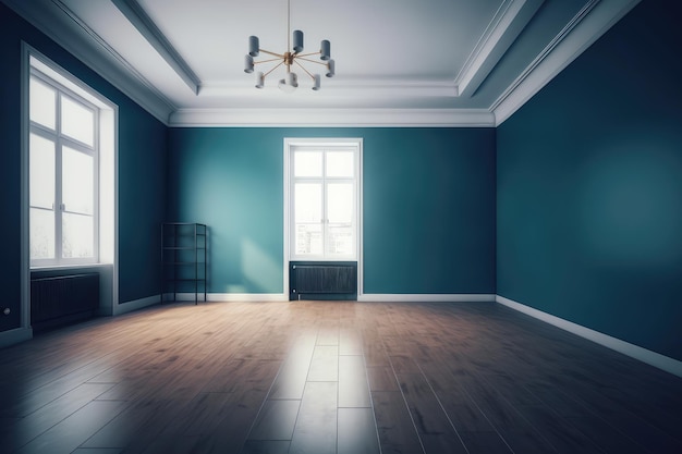 empty living room with blue tones wall