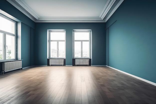 empty living room with blue tones wall