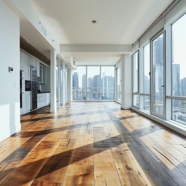 Photo empty living room with hardwood floor in modern apartment