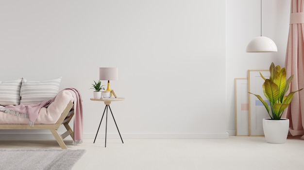 Empty living room with sofa, plants and table on empty white wall .3d rendering