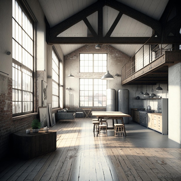 Empty loft apartment industrial style Ai generative