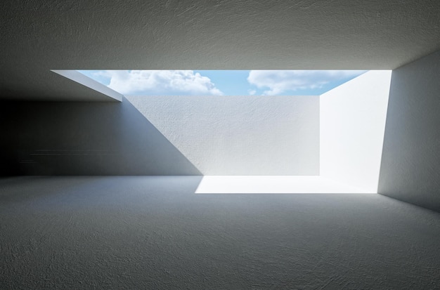 Empty loft room with white walls city view and concrete floor 3D Render