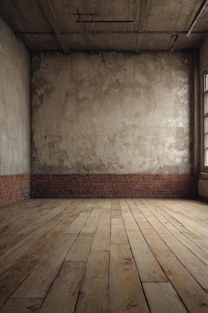 empty loft style room with window interior distressed plaster bare wall wooden floor background