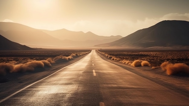 Empty long mountain road to the horizon on a sunny summer day at bright sunset