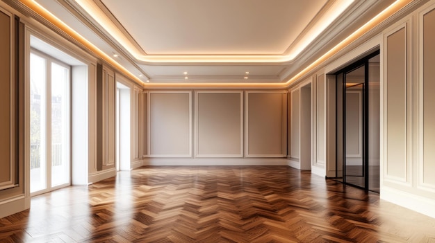 Photo empty luxurious living room with wooden floor and large windows