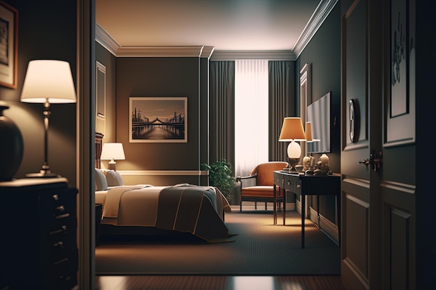 An empty luxury hotel bedroom with sunlight from the window