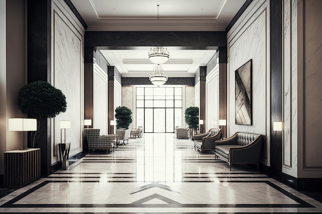 Empty luxury hotel lobby with sleek modern design and chic decor created with generative ai