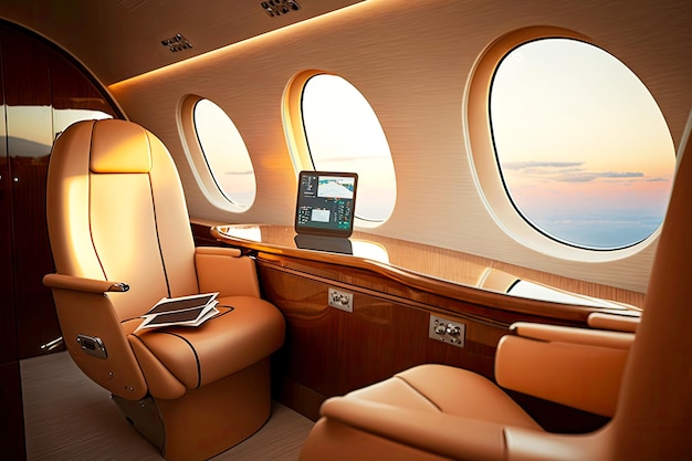 Empty luxury pilots seat in cabin of business jet aircraft interior generative ai