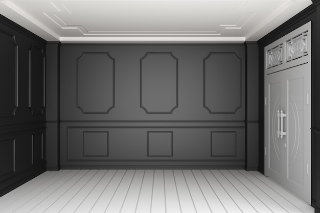 Empty luxury room interior with black wall on white wooden floor. 3D rendering 