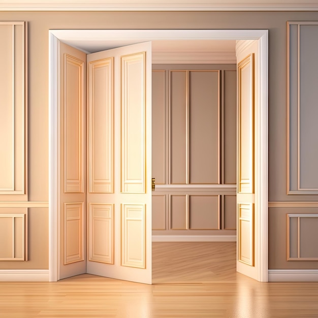 Empty luxury room with beige wall folding door with glass panel to backyard baseboard on parquet f