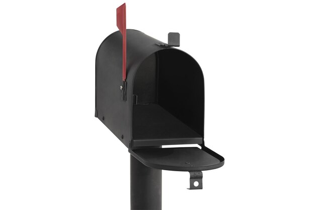 Photo empty mailbox isolated on white background red flag pointing up clipping paths