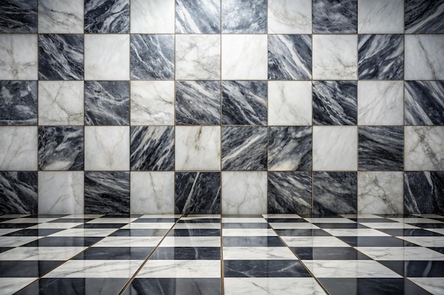 Photo empty marble floor and black and white square marble pattern texture wall background template mock up for display of your product