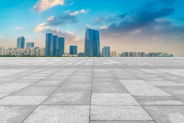 The empty marble floor and the city of Suzhou.