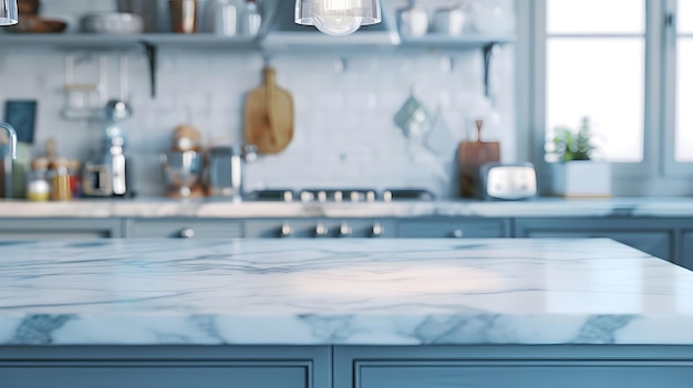 Empty marble kitchen island with clean surface in blue vintage kinchen in provence s Generative AI