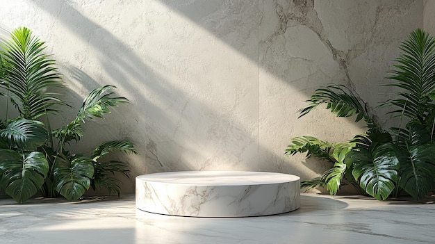 Empty marble podium displaying on sunlit wall with tropical plants