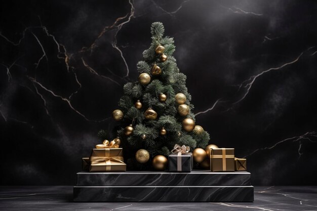 Photo empty marble podium for promotion of christmas products christmas tree gift boxes dark backgroun