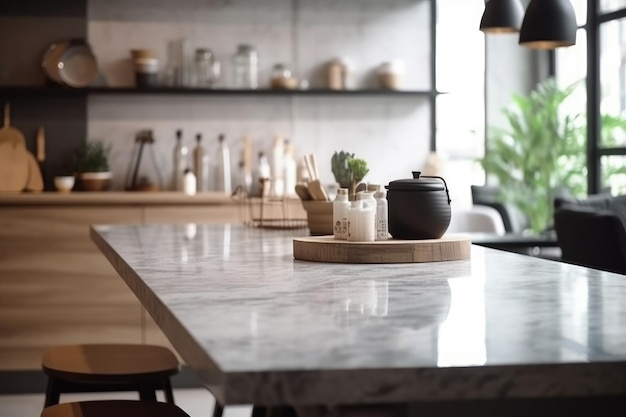 Empty marble table and blurred white kitchen white wall for product display mockup