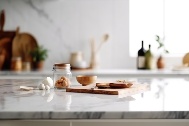 Empty marble table and blurred white kitchen white wall product display mockup