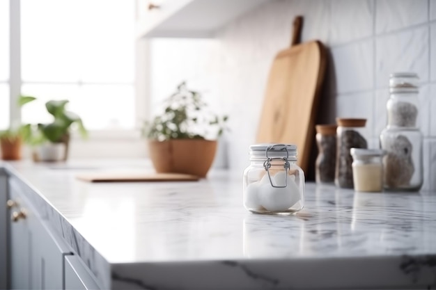 Empty marble table and blurred white kitchen white wall product display mockup