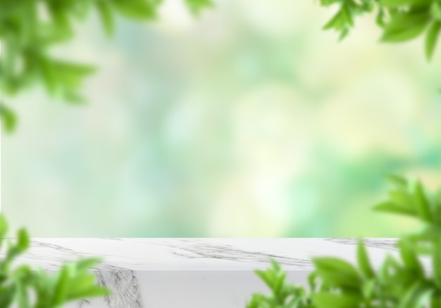 empty marble table leaves and green bokeh background product backdrop