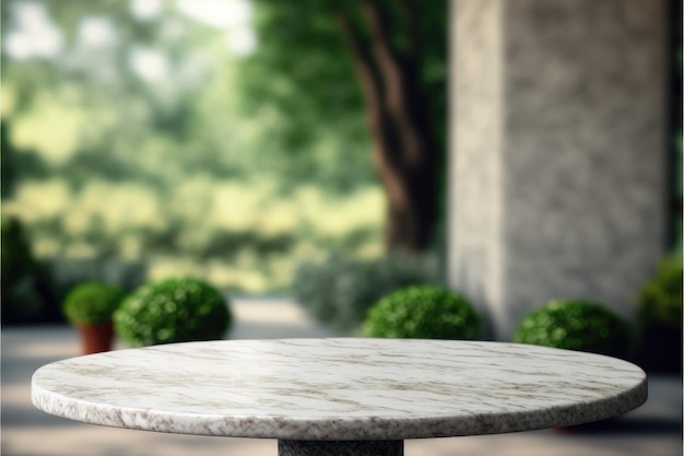 Empty marble table in natural green garden outdoor