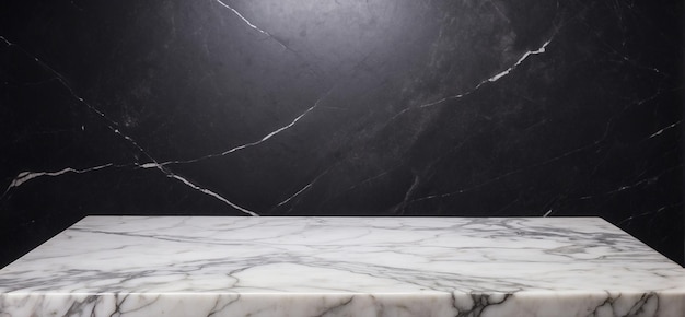 empty marble table with black background backdrop with copy space