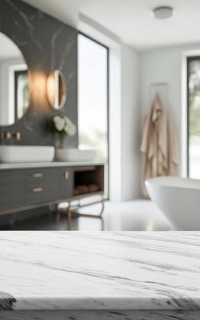 Empty marble top table with blurred bathroom interior Background for product display montage