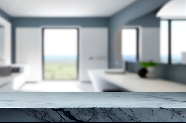 Photo empty marble top table with blurred bathroom interior background for product display