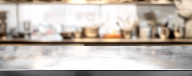 Photo empty metallic countertop surface with blurred restaurant kitchen background