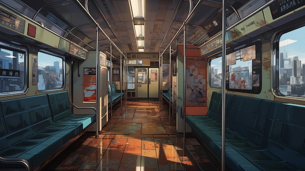 Empty metro car with city views through windows ai generated 2D cartoon illustration