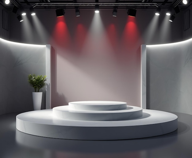 Empty minimalist podium with white marble steps and red spotlights on dark grey background