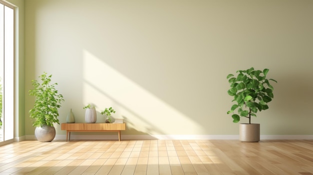 Empty minimalist room in modern house or apartment Pistachio walls hardwood floor wooden console with elegant vases indoor plants in pots large panoramic window Mockup