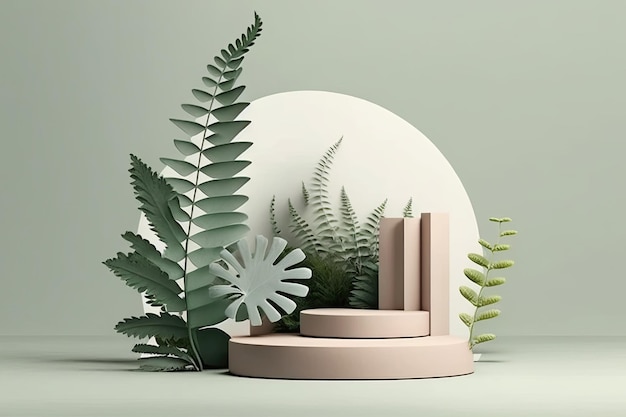 Empty minimalist soft pastel color podium product display tropical plants background AI Generated