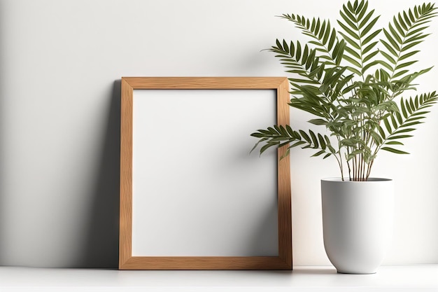 Empty minimalist wooden frame mockup realistic with a plant vase adornment square in shape