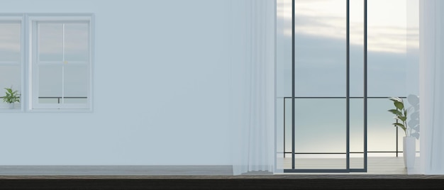 Empty mockup space on white wall near the window with sheer curtains and balcony