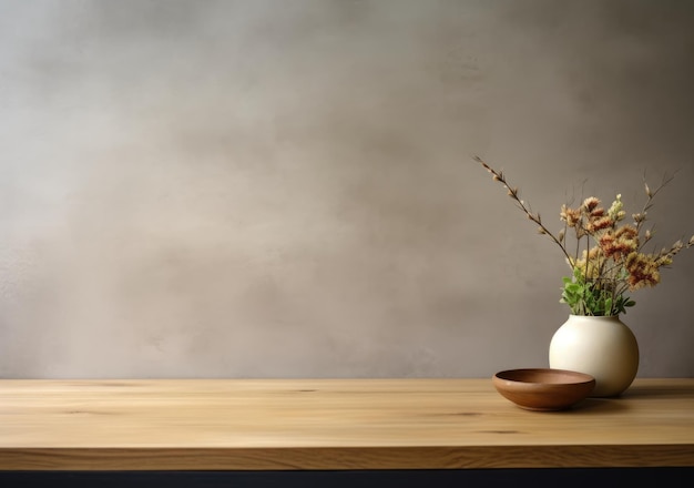 empty mockup space on a wooden tabletop against a plants on pot minimal wooden living room as a background AI Generative