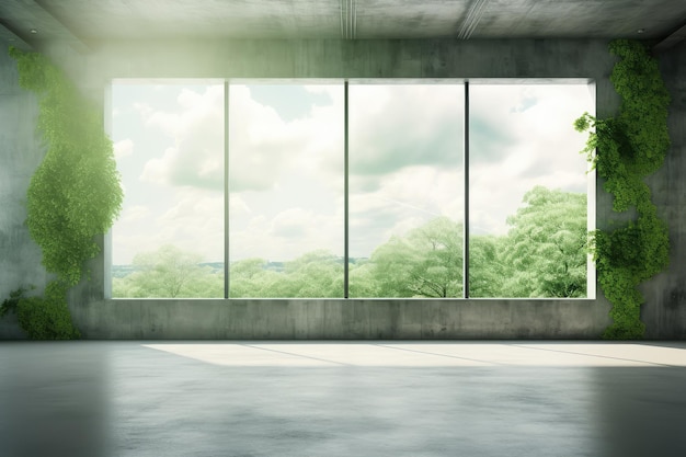 Empty modern bright interiors room illustration with light effect and forest scenery outside the roo