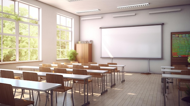 Empty modern classroom with white Interactive board Generative AI