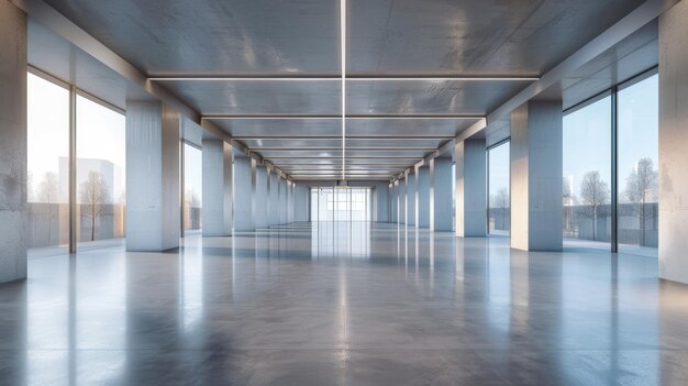 Empty Modern Concrete Hallway With Large Windows and a View of Trees