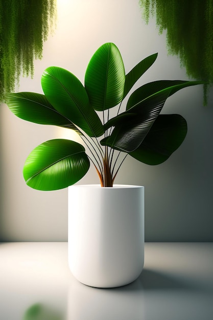 Empty modern glossy white round podium table wooden leg in green fresh tropical lush foliage plant